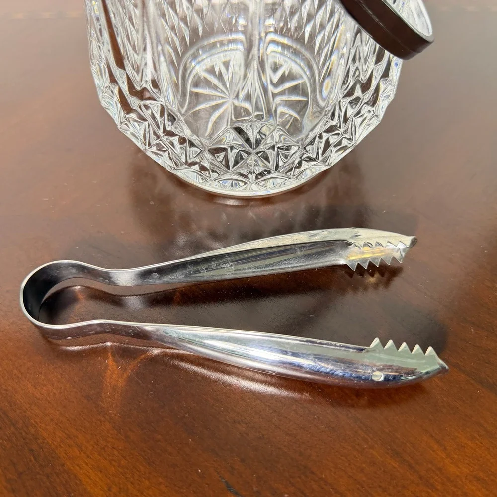 Vintage Cut Crystal Ice Bucket Chrome Handle & Tongs Starburst MCM Barware 5